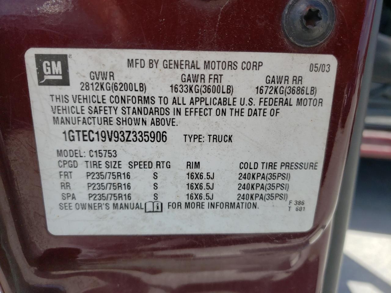 Photo 10 from auction – 2003 GMC NEW SIERRA with VIN 1GTEC19V93Z335906