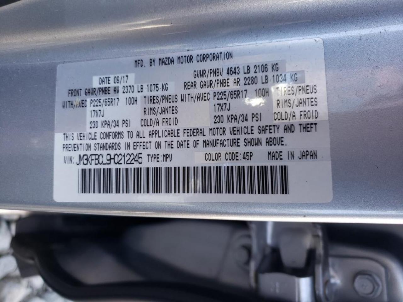 Photo 10 from auction – 2017 MAZDA CX-5 TOURI with VIN JM3KFBCL9H0212245