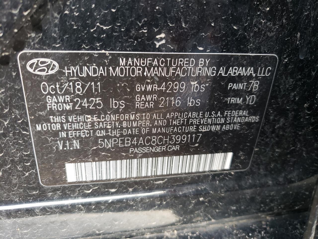 Photo 10 from auction – 2012 HYUNDAI SONATA GLS with VIN 5NPEB4AC8CH399117