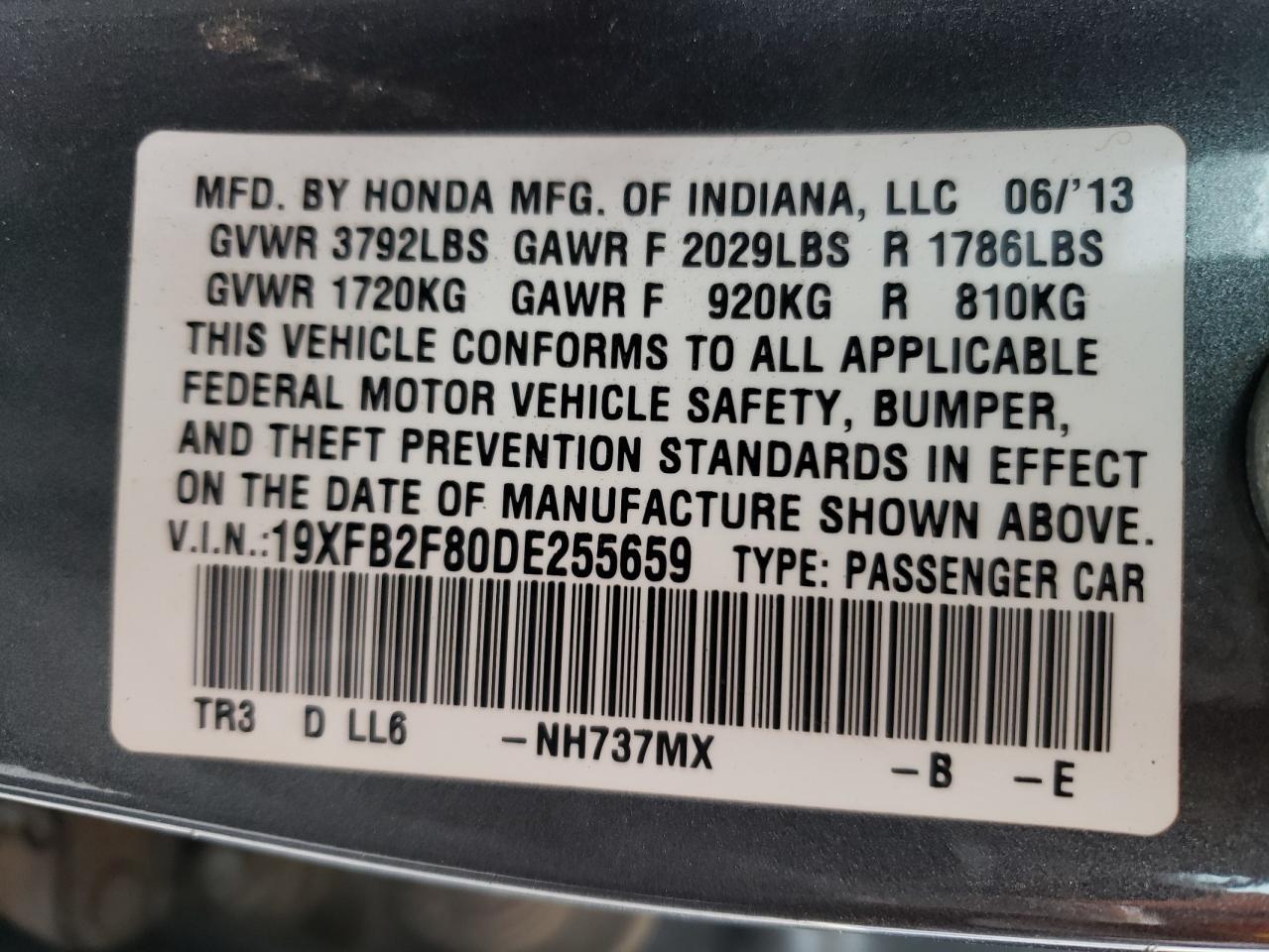 Photo 10 from auction – 2013 HONDA CIVIC EX with VIN 19XFB2F80DE255659