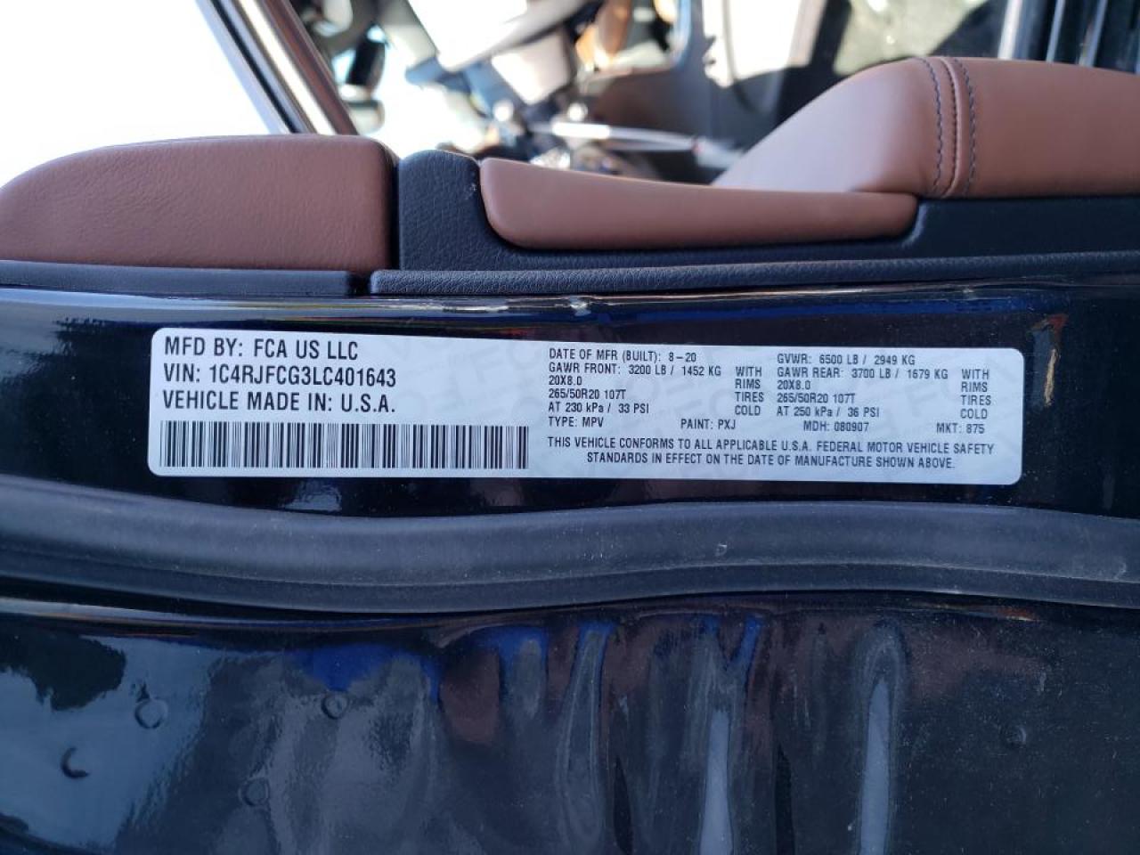 Photo 10 from auction – 2020 JEEP GRAND CHER with VIN 1C4RJFCG3LC401643