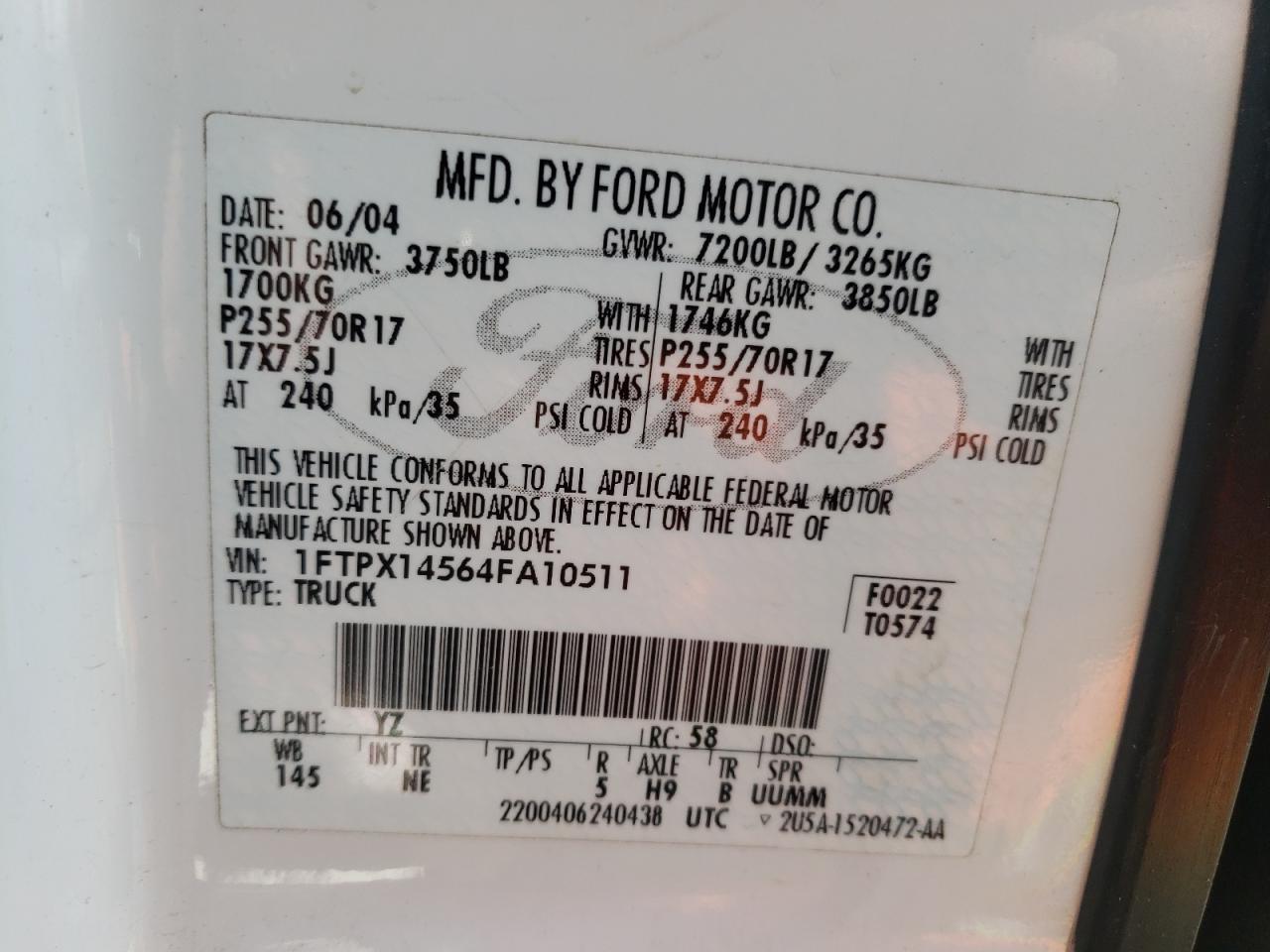 Photo 10 from auction – 2004 FORD F150 with VIN 1FTPX14564FA10511