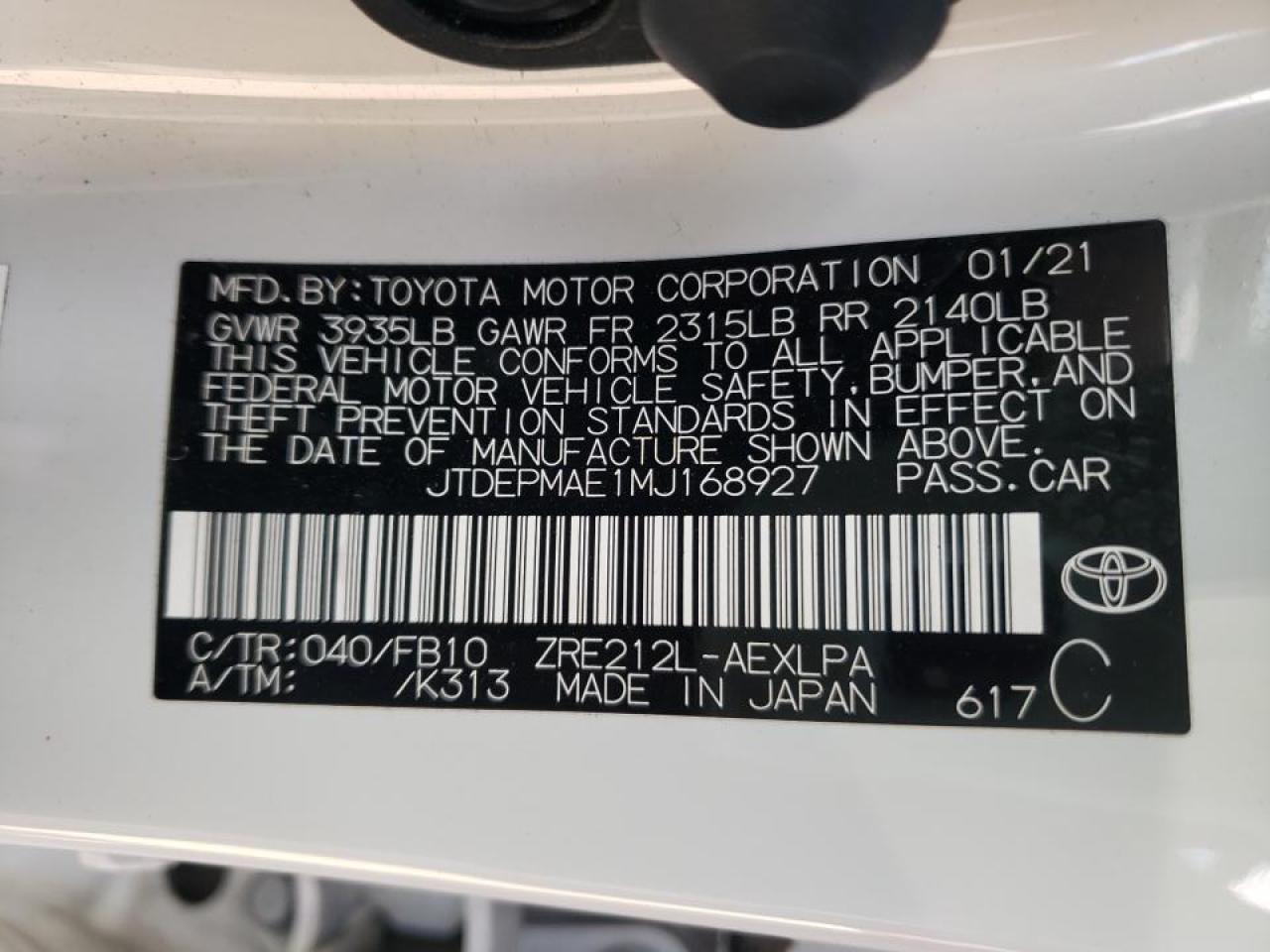Photo 10 from auction – 2021 TOYOTA COROLLA LE with VIN JTDEPMAE1MJ168927