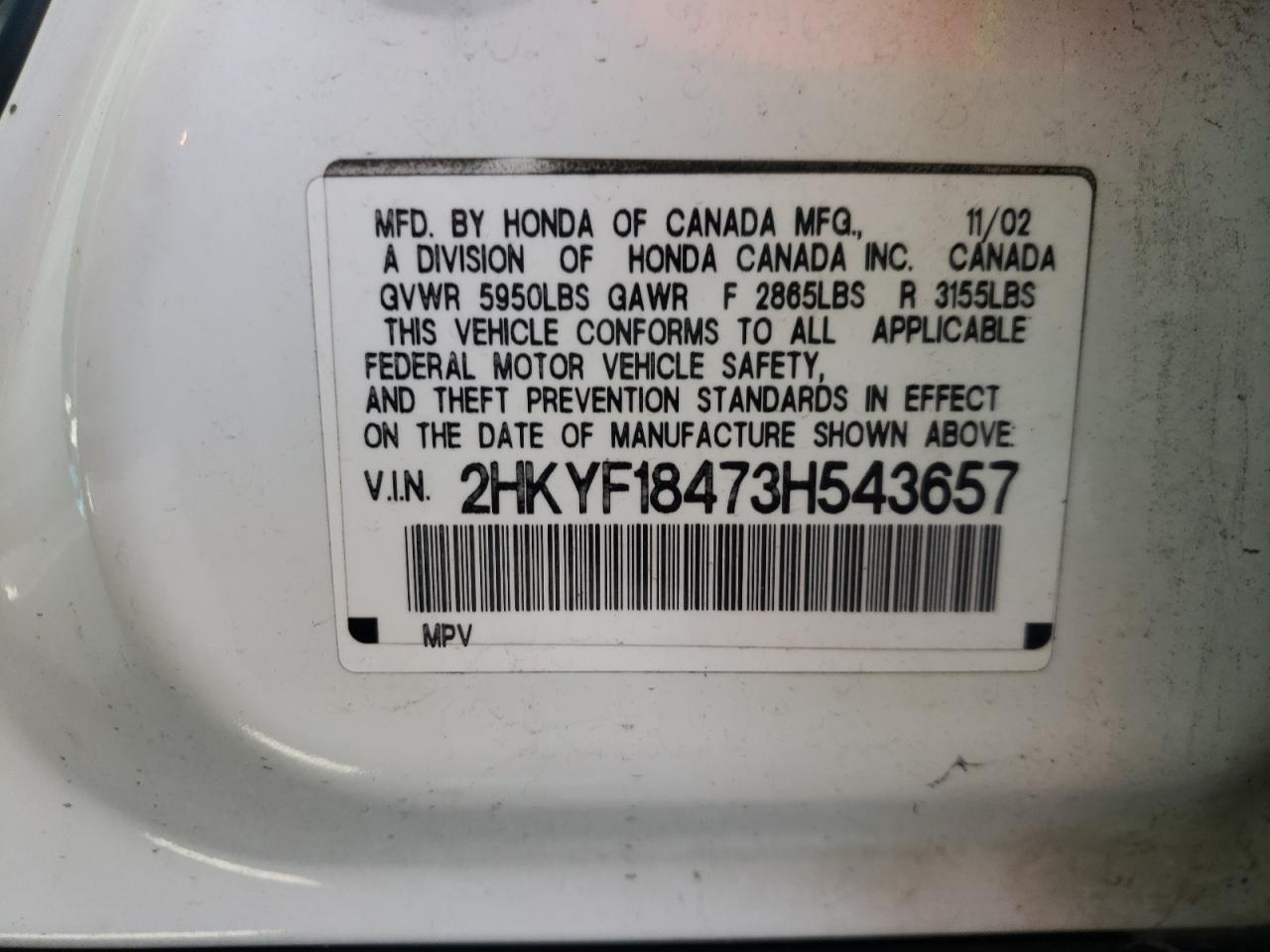 Photo 10 from auction – 2003 HONDA PILOT EX with VIN 2HKYF18473H543657