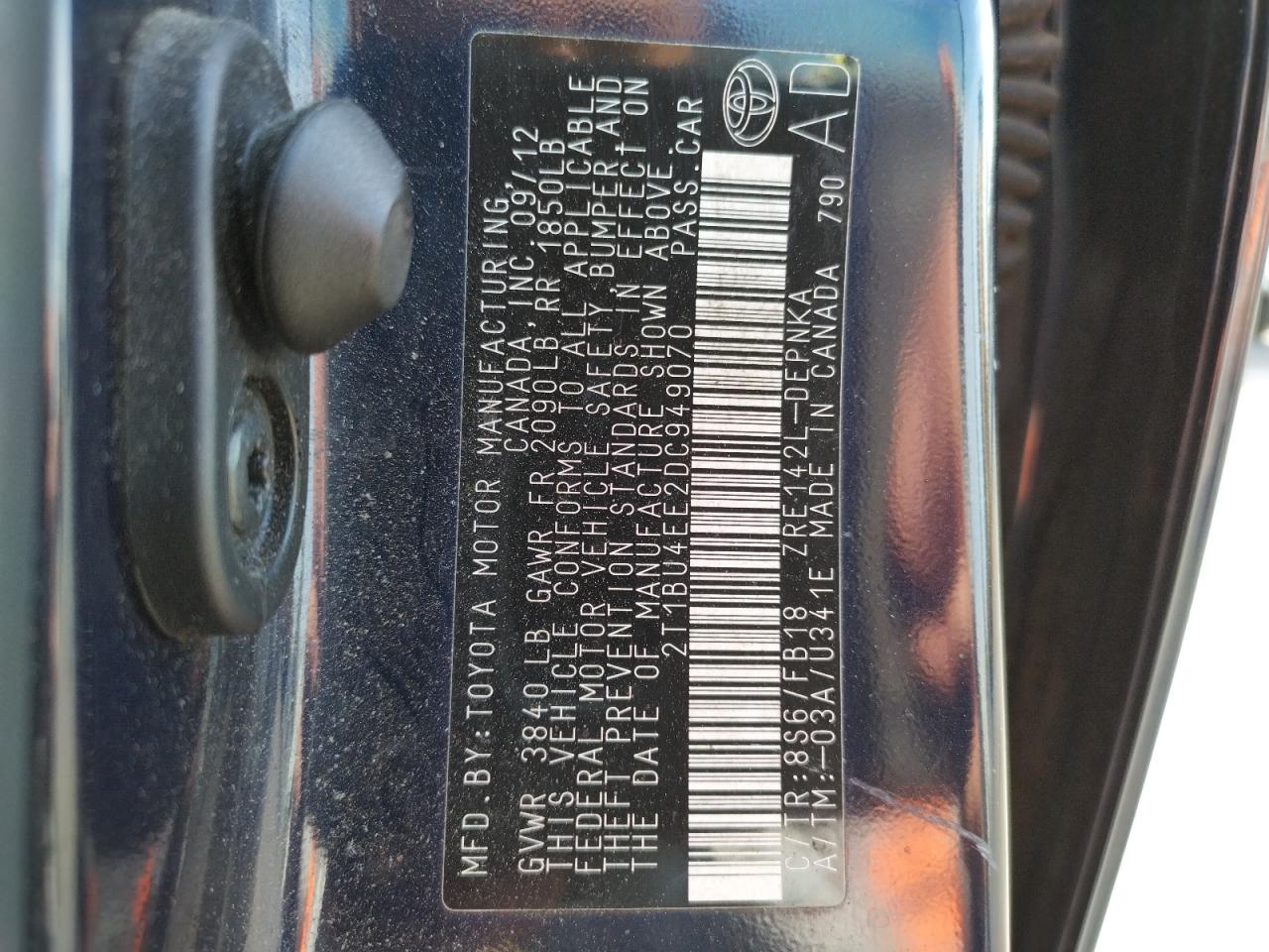 Фото 10 с аукциона – 2013 TOYOTA COROLLA BA с VIN 2T1BU4EE2DC949070