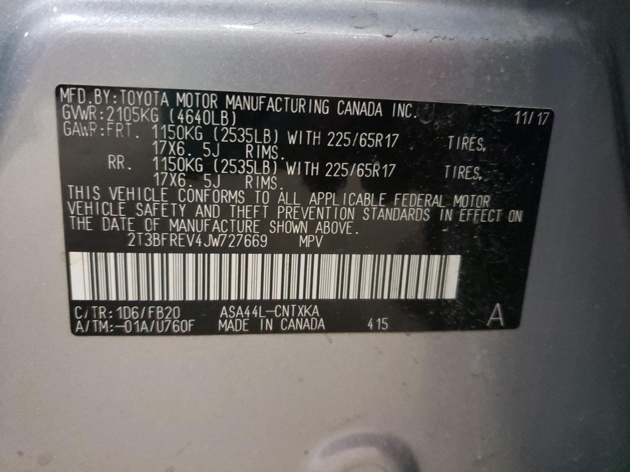 Photo 10 from auction – 2018 TOYOTA RAV4 LE with VIN 2T3BFREV4JW727669