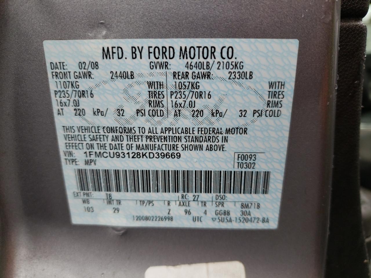Photo 10 from auction – 2008 FORD ESCAPE XLT with VIN 1FMCU93128KD39669