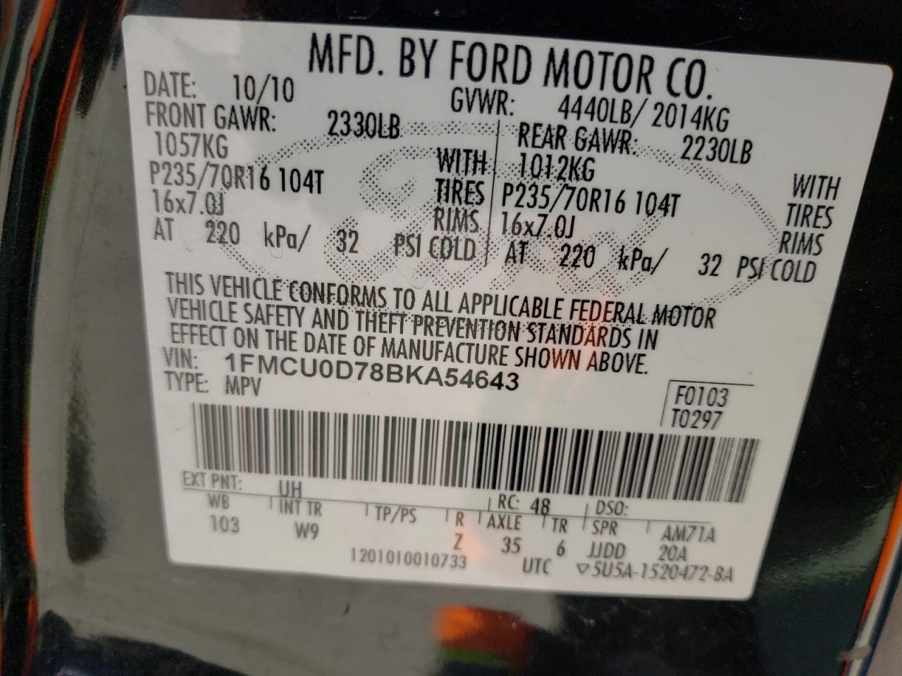 Photo 10 from auction – 2011 FORD ESCAPE XLT with VIN 1FMCU0D78BKA54643
