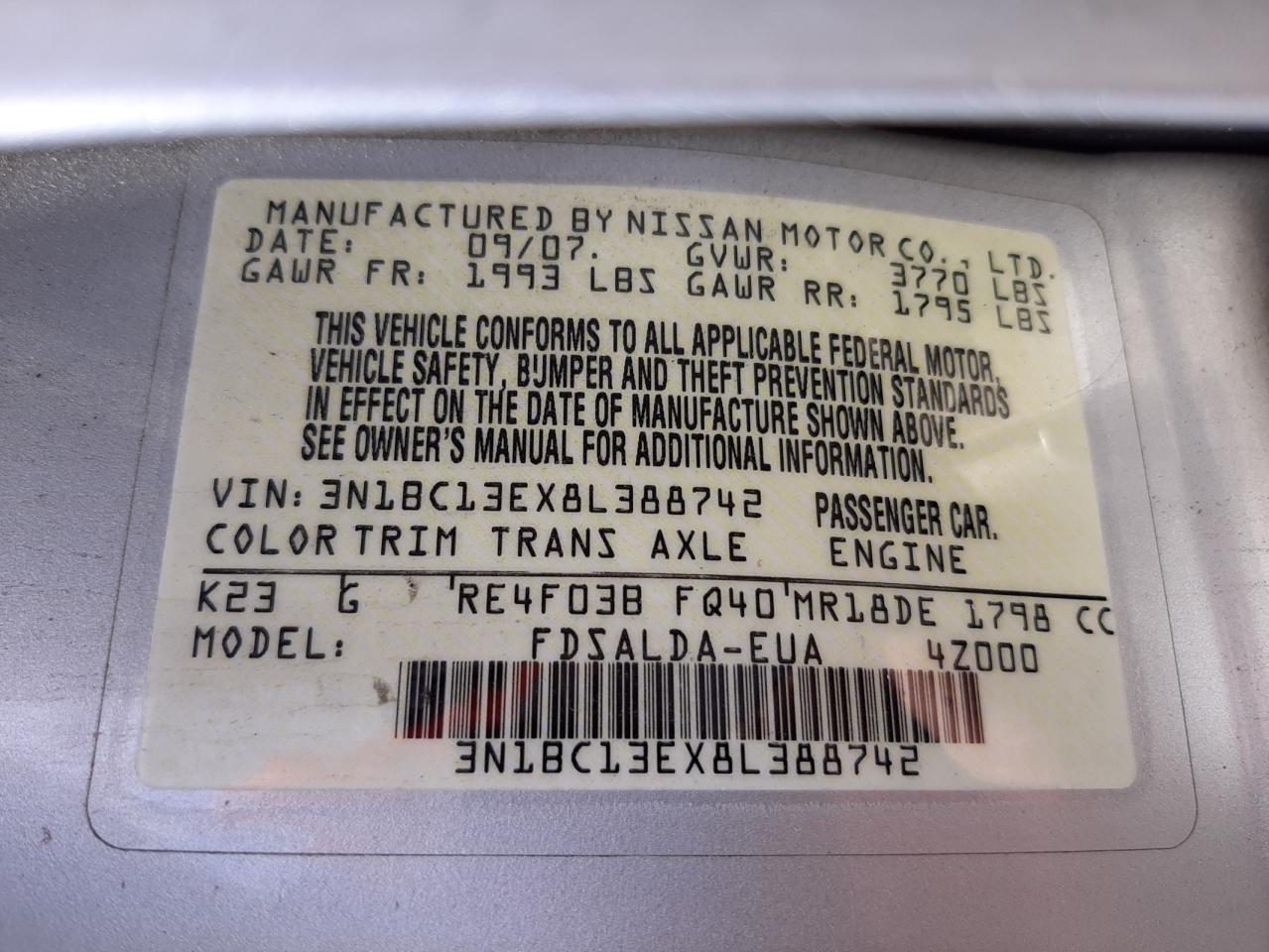 Photo 10 from auction – 2008 NISSAN VERSA S with VIN 3N1BC13EX8L388742