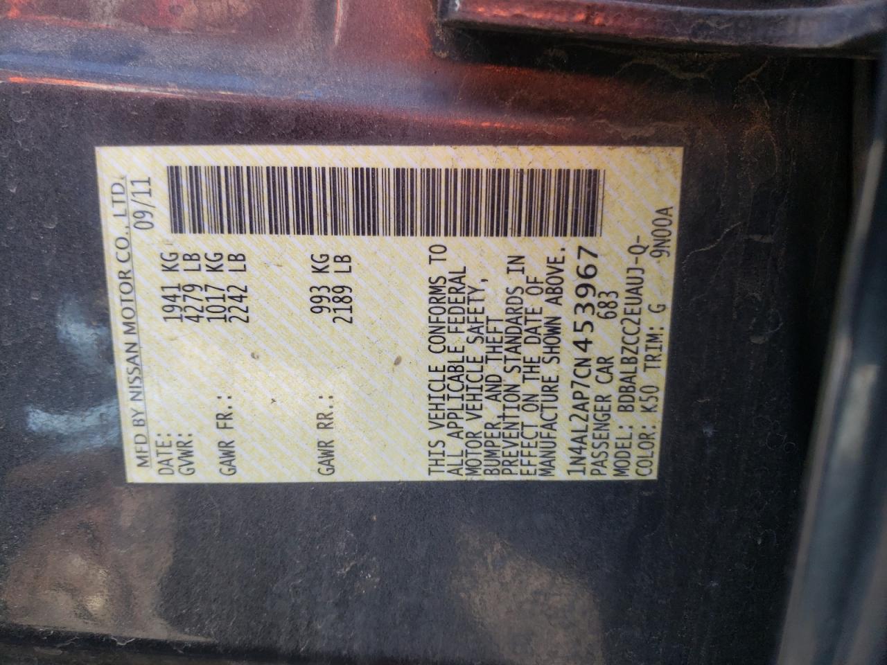 Photo 10 from auction – 2012 NISSAN ALTIMA BAS with VIN 1N4AL2AP7CN453967