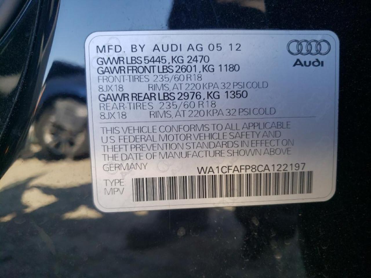 Photo 10 from auction – 2012 AUDI Q5 PREMIUM with VIN WA1CFAFP8CA122197