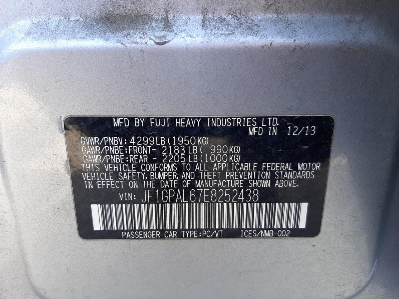 Photo 10 from auction – 2014 SUBARU IMPREZA SP with VIN JF1GPAL67E8252438