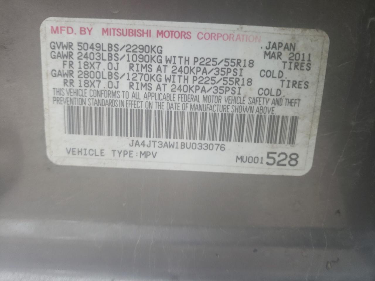 Photo 10 from auction – 2011 MITSUBISHI OUTLANDER with VIN JA4JT3AW1BU033076
