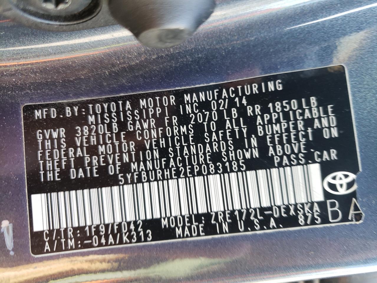Photo 10 from auction – 2014 TOYOTA COROLLA with VIN 5YFBURHE2EP083185