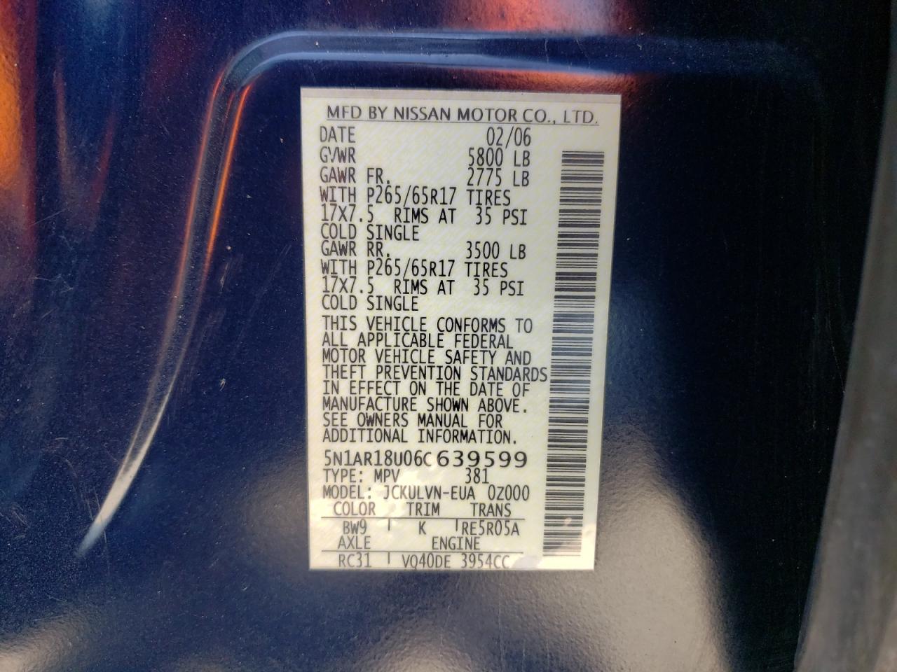 Photo 10 from auction – 2006 NISSAN PATHFINDER with VIN 5N1AR18U06C639599