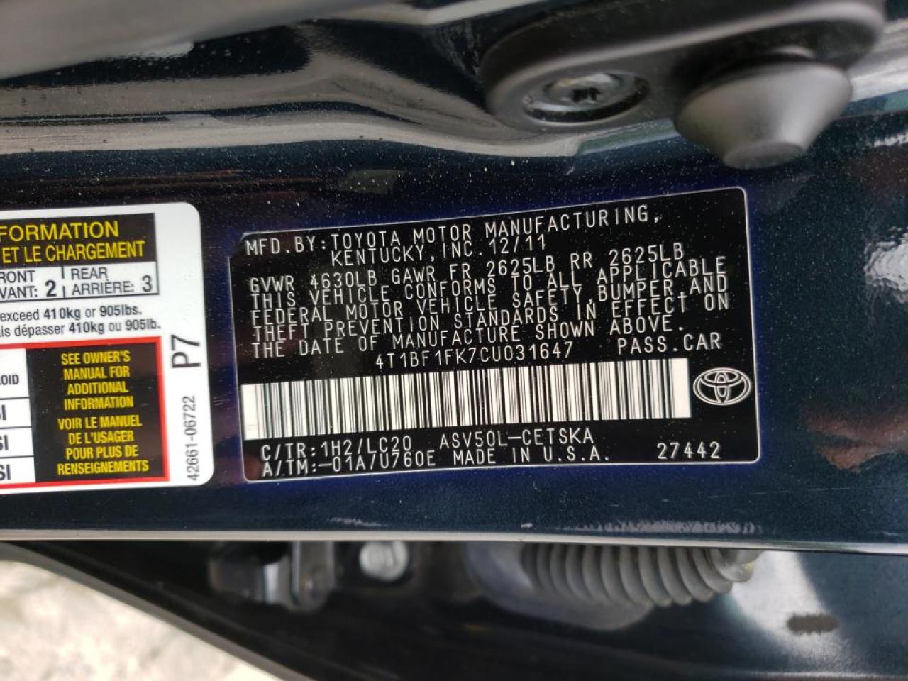 Photo 10 from auction – 2012 TOYOTA CAMRY BASE with VIN 4T1BF1FK7CU031647