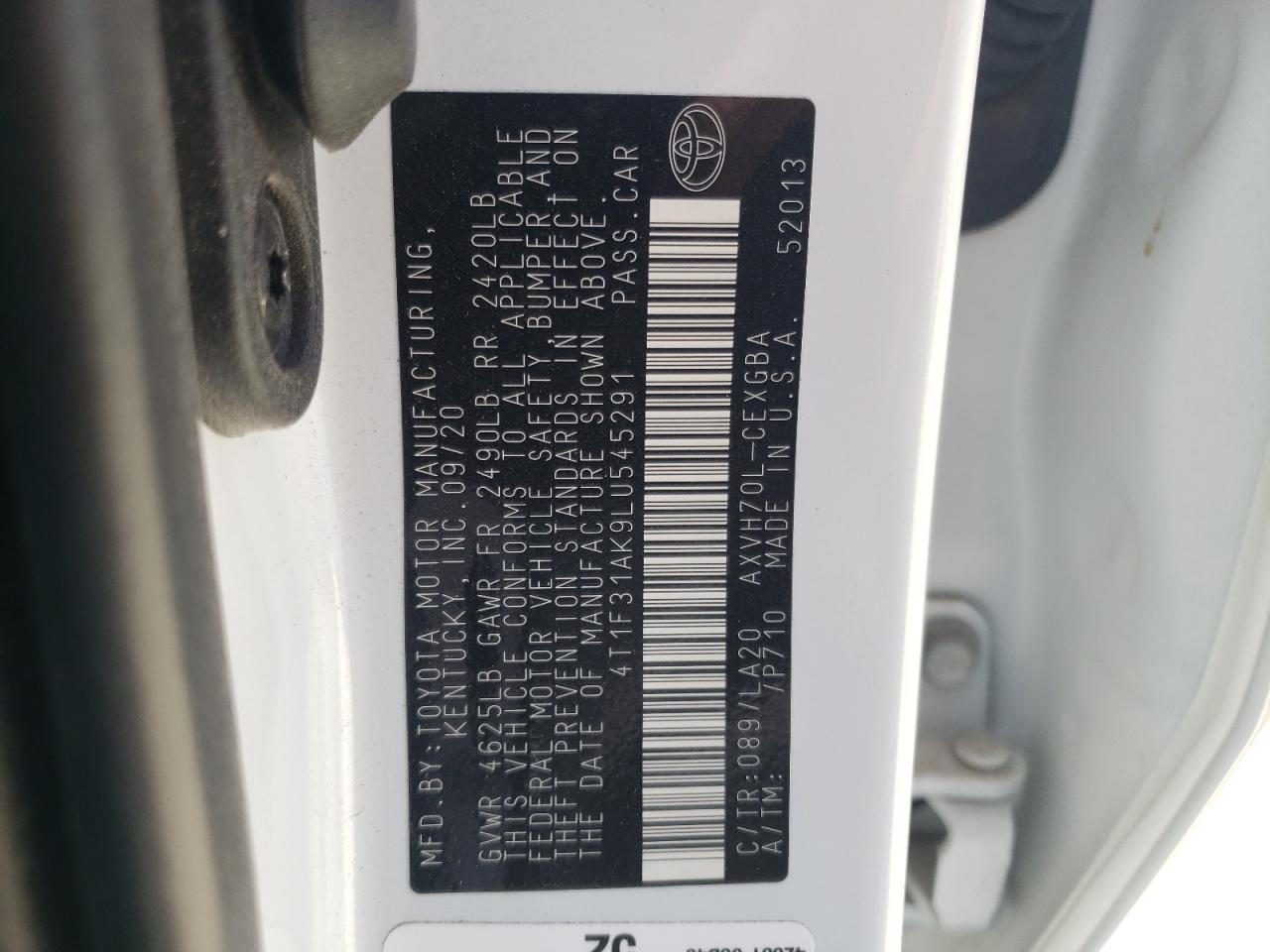 Photo 10 from auction – 2020 TOYOTA CAMRY XLE with VIN 4T1F31AK9LU545291