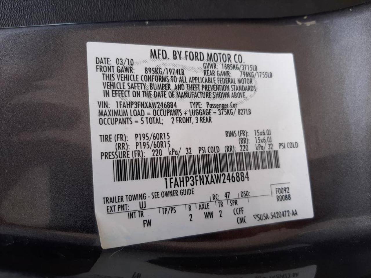 Photo 10 from auction – 2010 FORD FOCUS SE with VIN 1FAHP3FNXAW246884