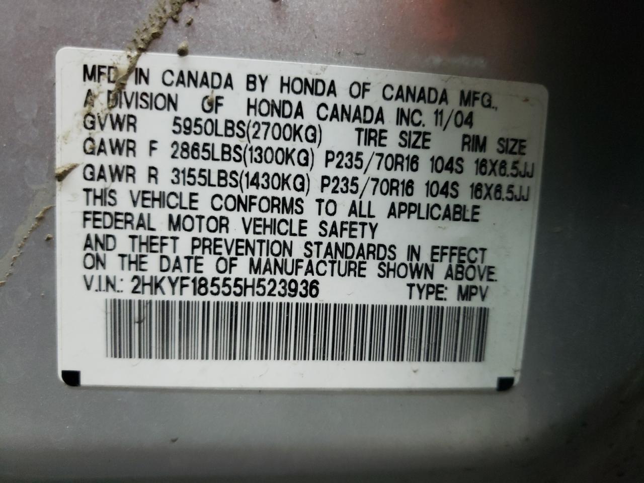 Photo 10 from auction – 2005 HONDA PILOT EXL with VIN 2HKYF18555H523936