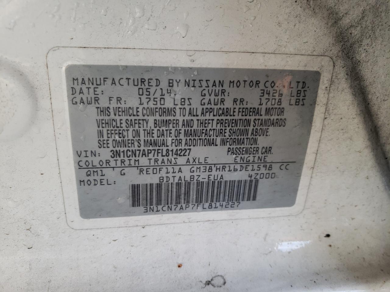 Photo 10 from auction – 2015 NISSAN VERSA S with VIN 3N1CN7AP7FL814227