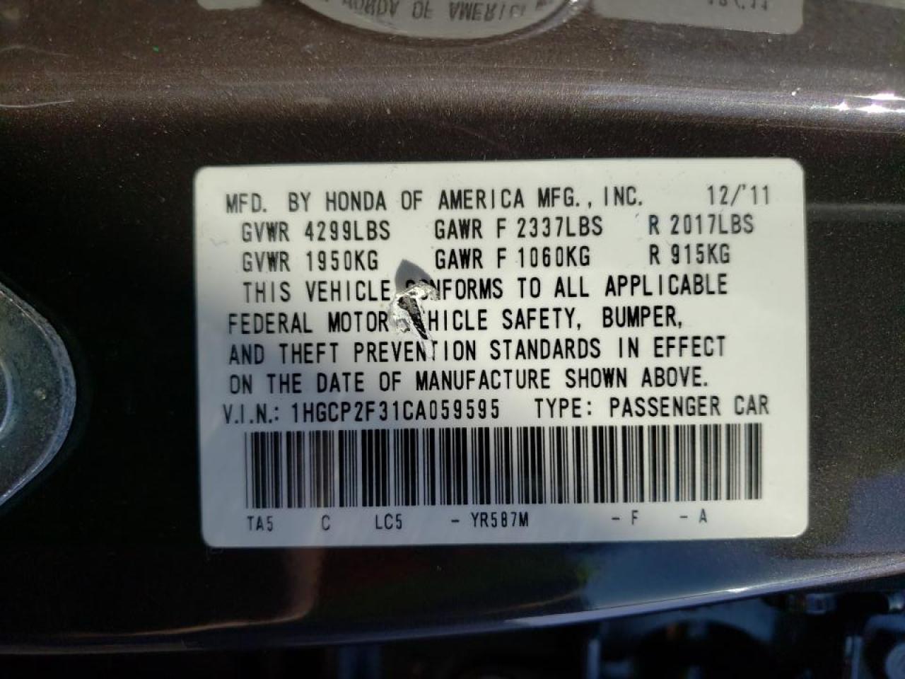 Photo 10 from auction – 2012 HONDA ACCORD LX with VIN 1HGCP2F31CA059595