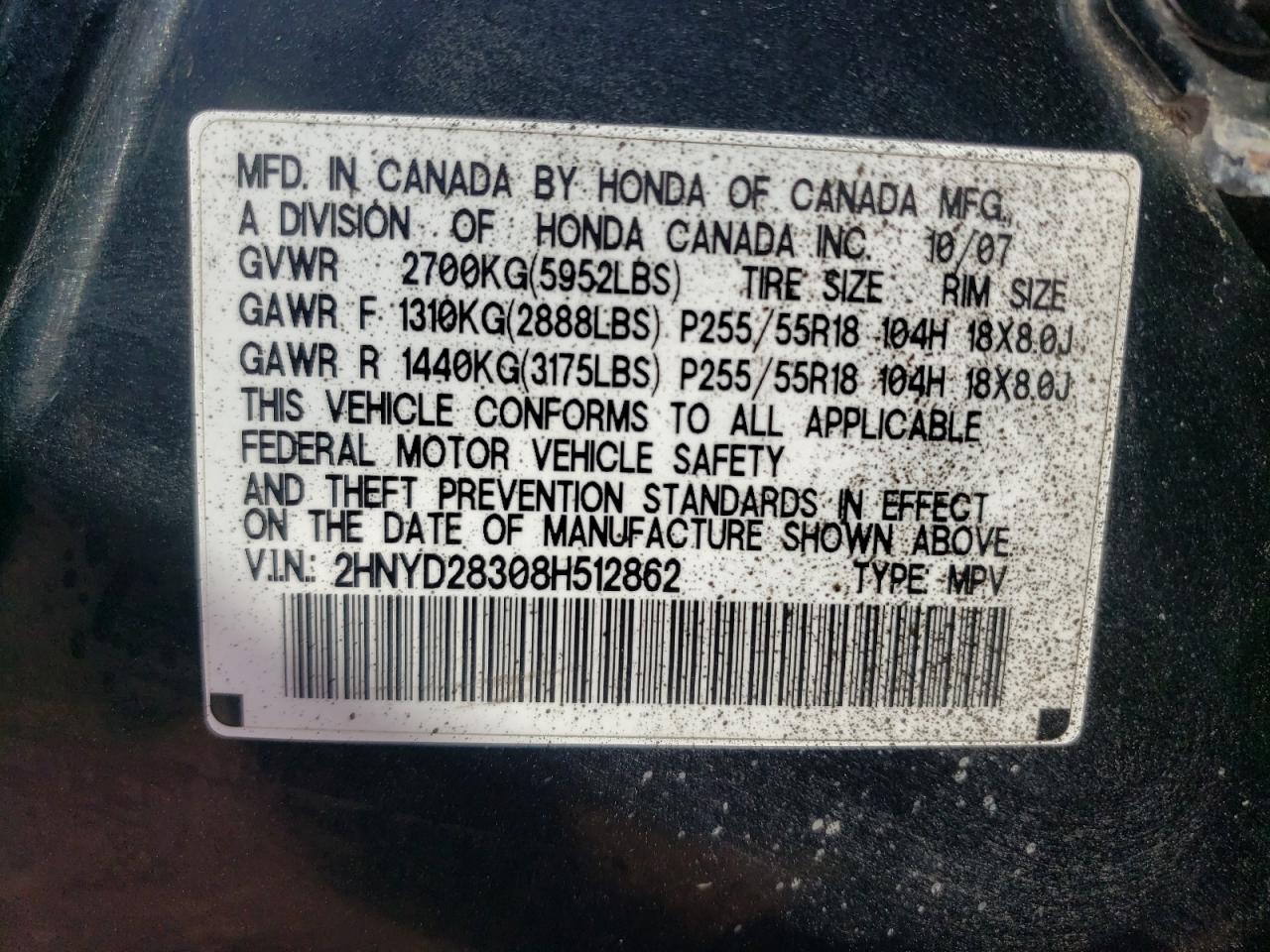 Photo 10 from auction – 2008 ACURA MDX AWD with VIN 2HNYD28308H512862