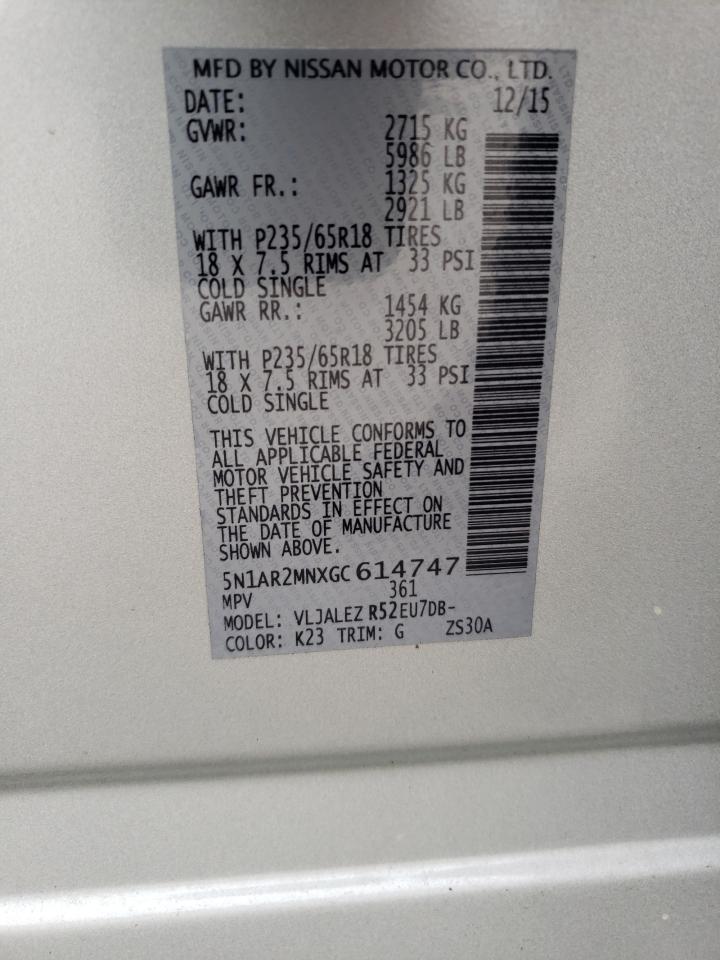 Photo 10 from auction – 2016 NISSAN PATHFINDER with VIN 5N1AR2MNXGC614747