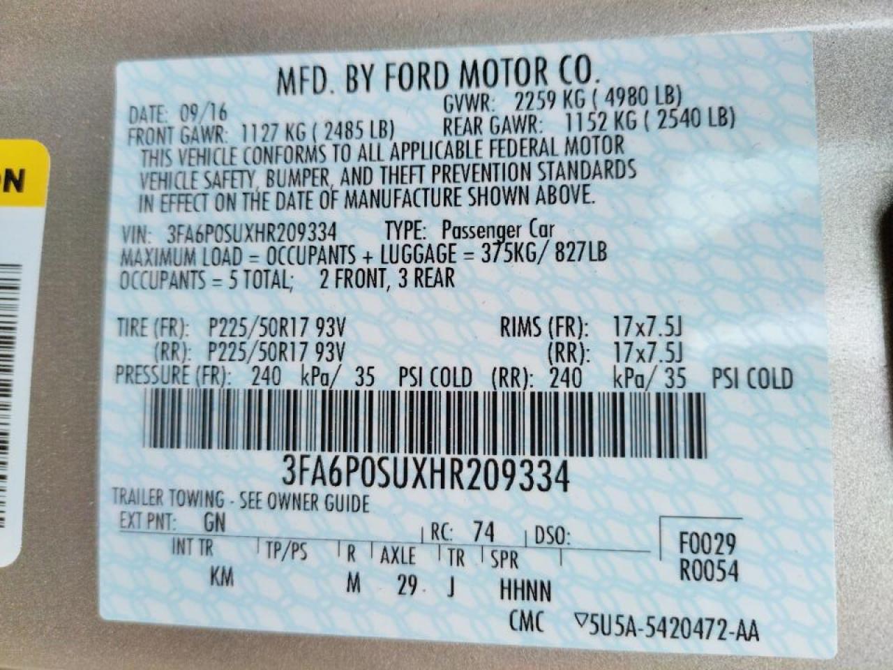 Photo 10 from auction – 2017 FORD FUSION TIT with VIN 3FA6P0SUXHR209334