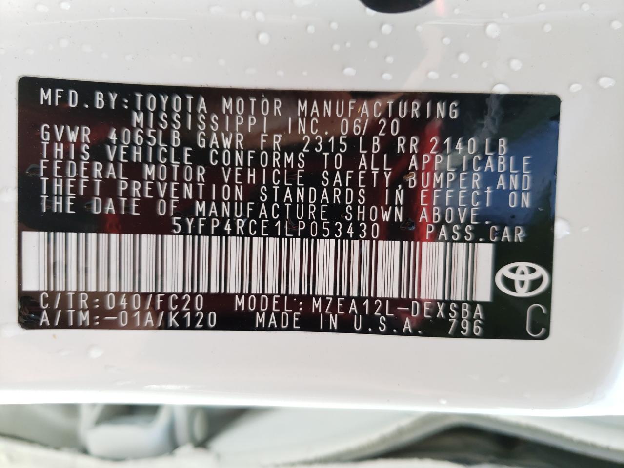 Photo 10 from auction – 2020 TOYOTA COROLLA SE with VIN 5YFP4RCE1LP053430