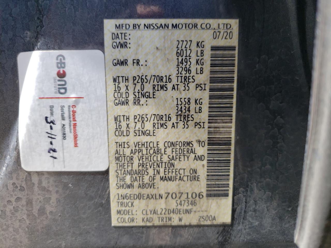 Photo 10 from auction – 2020 NISSAN FRONTIER S with VIN 1N6ED0EAXLN707106