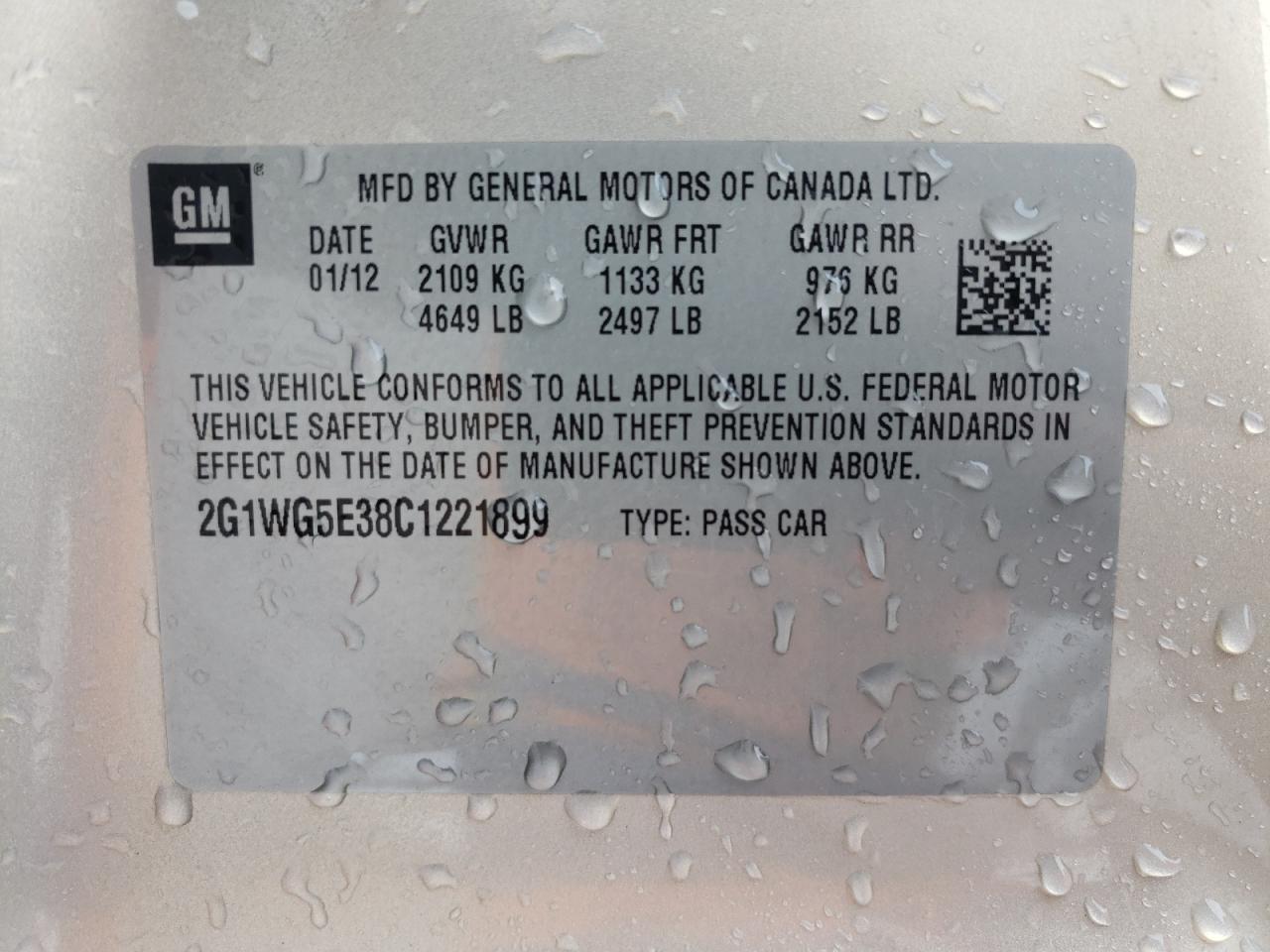 Photo 10 from auction – 2012 CHEVROLET IMPALA LT with VIN 2G1WG5E38C1221899