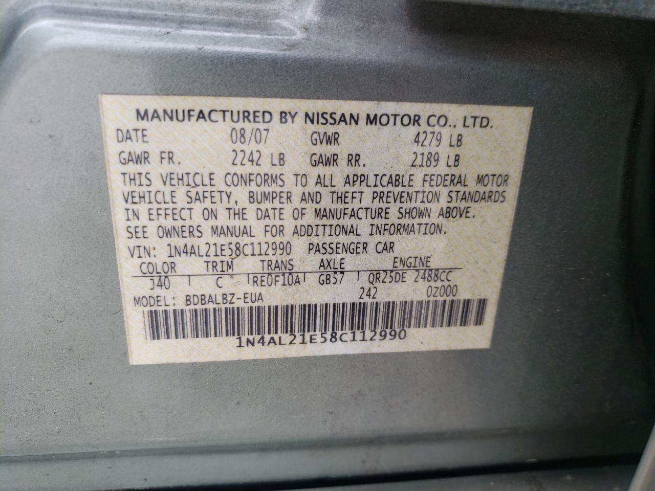 Photo 10 from auction – 2008 NISSAN ALTIMA 2.5 with VIN 1N4AL21E58C112990