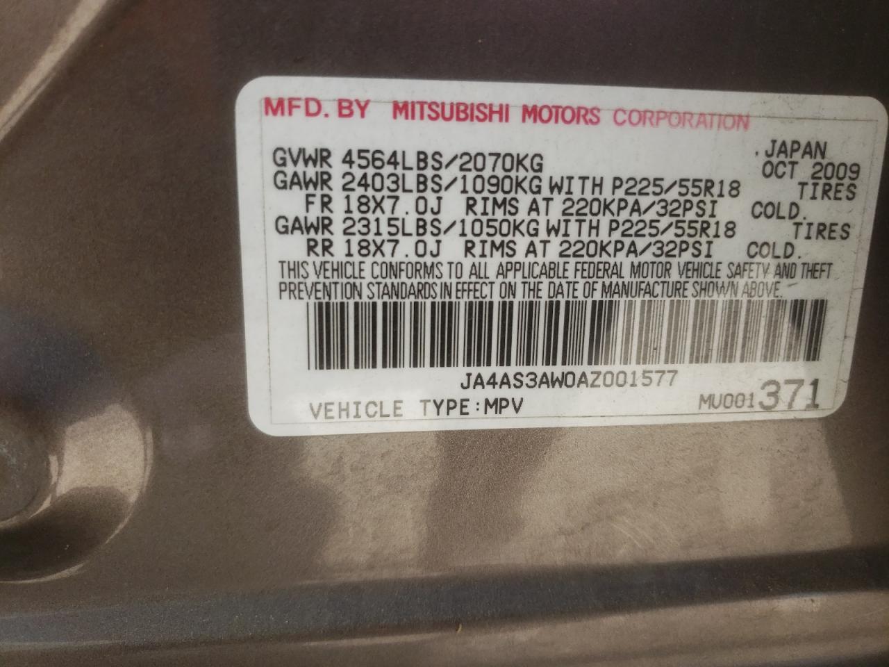 Photo 10 from auction – 2010 MITSUBISHI OUTLANDER with VIN JA4AS3AW0AZ001577