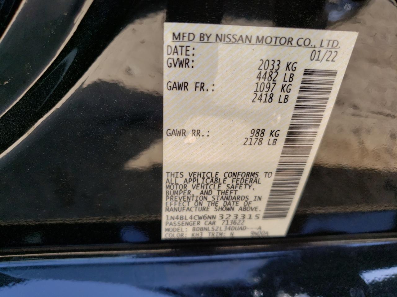 Photo 10 from auction – 2022 NISSAN ALTIMA with VIN 1N4BL4CW6NN323315