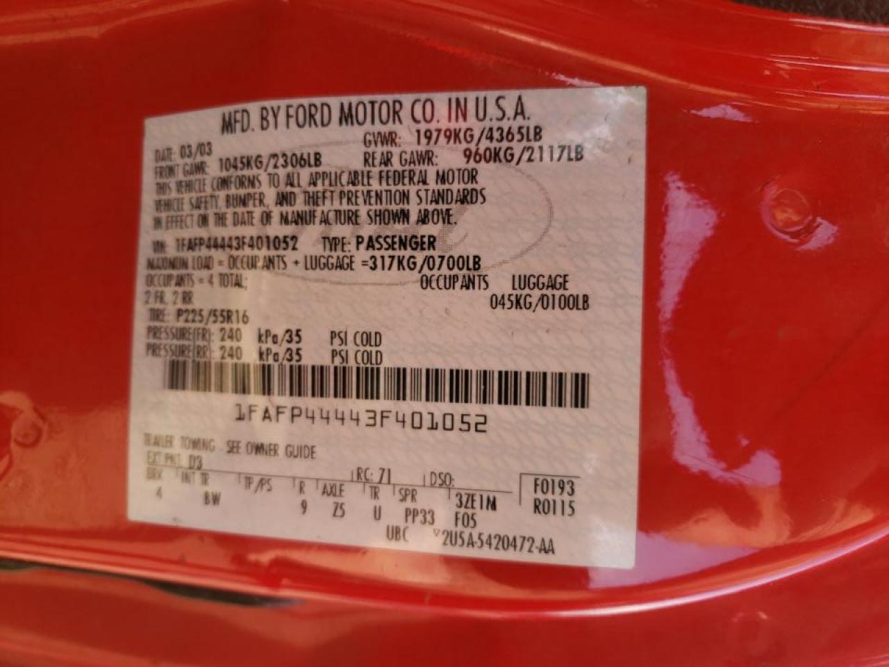 Photo 10 from auction – 2003 FORD MUSTANG with VIN 1FAFP44443F401052