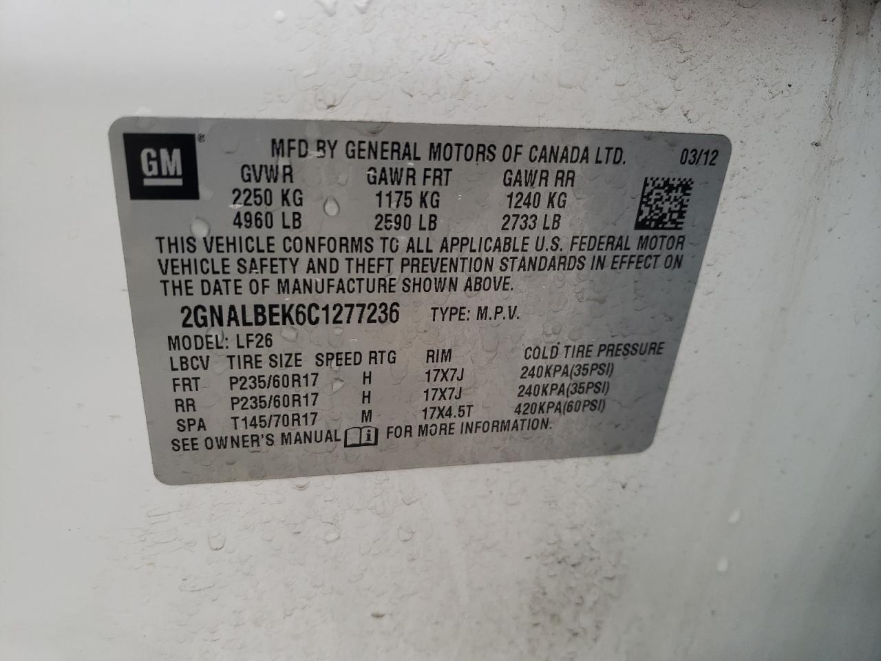 Photo 10 from auction – 2012 CHEVROLET EQUINOX LS with VIN 2GNALBEK6C1277236