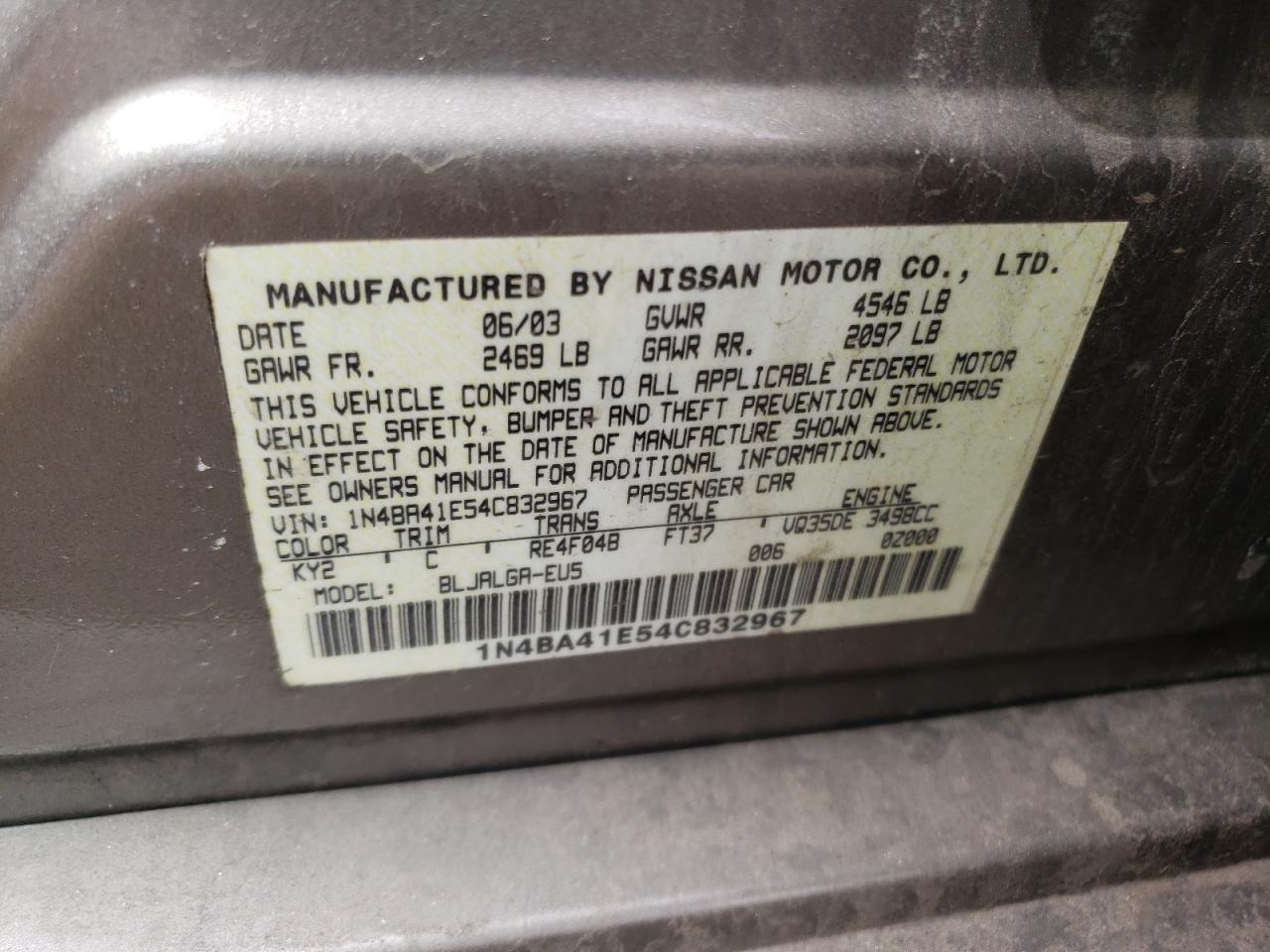 Photo 10 from auction – 2004 NISSAN MAXIMA SE with VIN 1N4BA41E54C832967