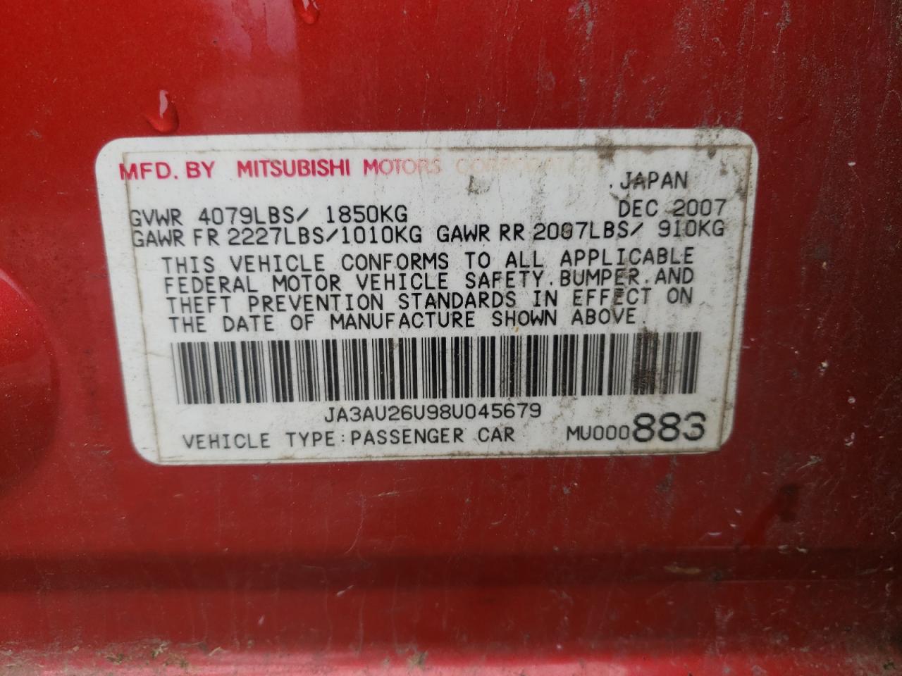 Photo 10 from auction – 2008 MITSUBISHI LANCER ES with VIN JA3AU26U98U045679