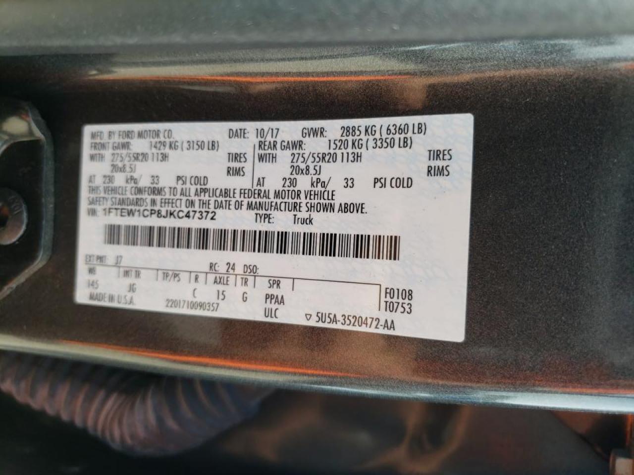 Photo 10 from auction – 2018 FORD F150 SUPER with VIN 1FTEW1CP8JKC47372