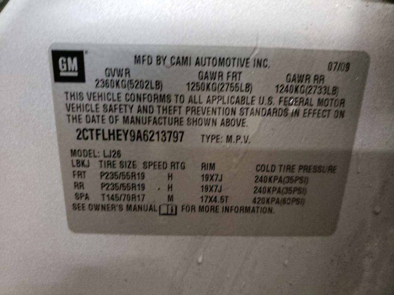 Photo 10 from auction – 2010 GMC TERRAIN SL with VIN 2CTFLHEY9A6213797