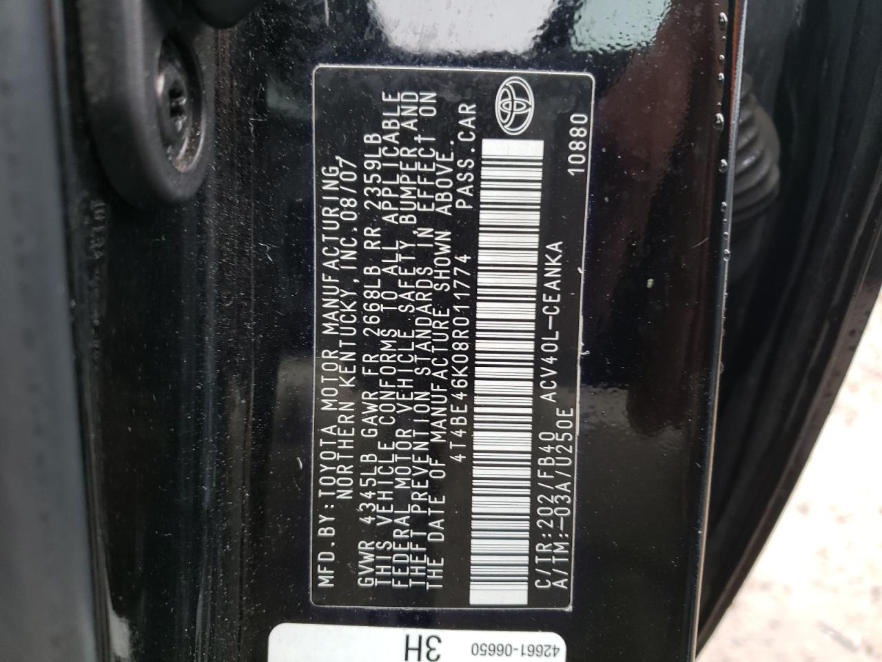 Photo 10 from auction – 2008 TOYOTA CAMRY CE with VIN 4T4BE46K08R011774