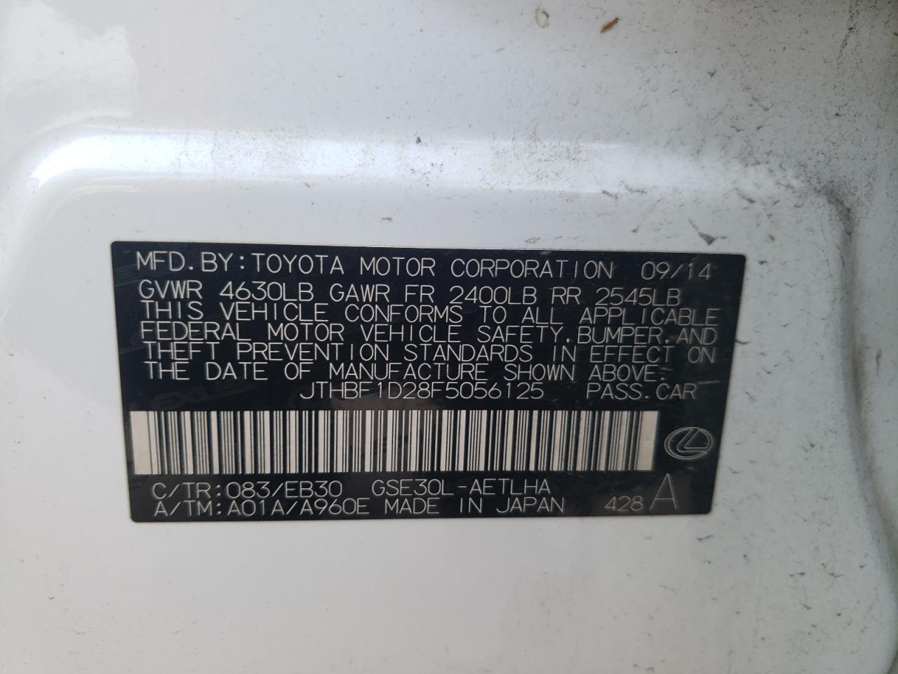 Photo 10 from auction – 2015 LEXUS IS 250 with VIN JTHBF1D28F5056125
