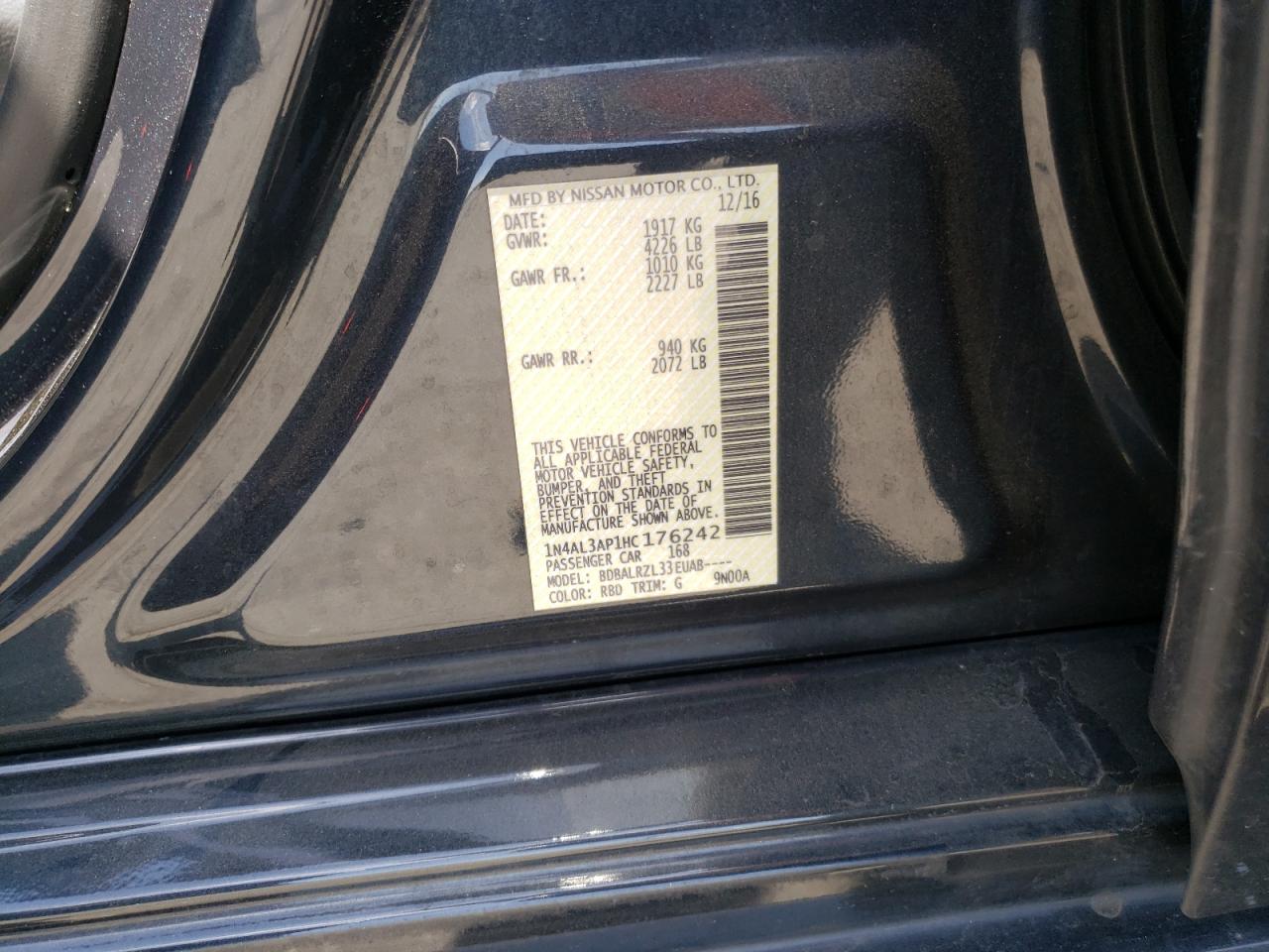Photo 10 from auction – 2017 NISSAN ALTIMA 2.5 with VIN 1N4AL3AP1HC176242