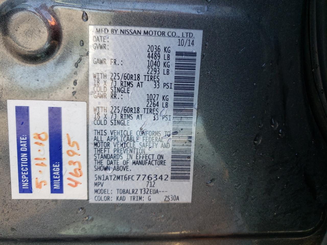 Photo 10 from auction – 2015 NISSAN ROGUE S with VIN 5N1AT2MT6FC776342