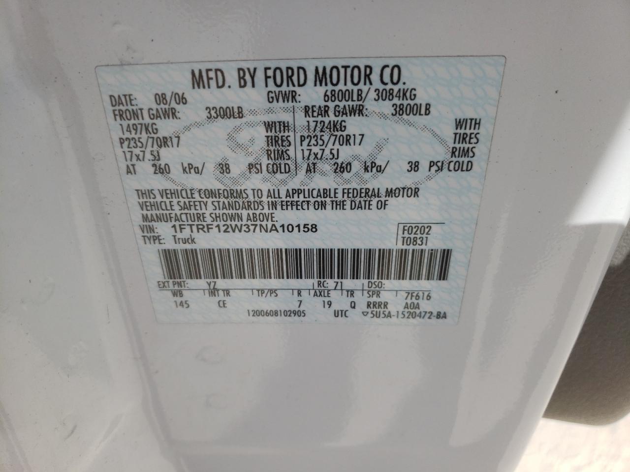 Photo 10 from auction – 2007 FORD F150 with VIN 1FTRF12W37NA10158