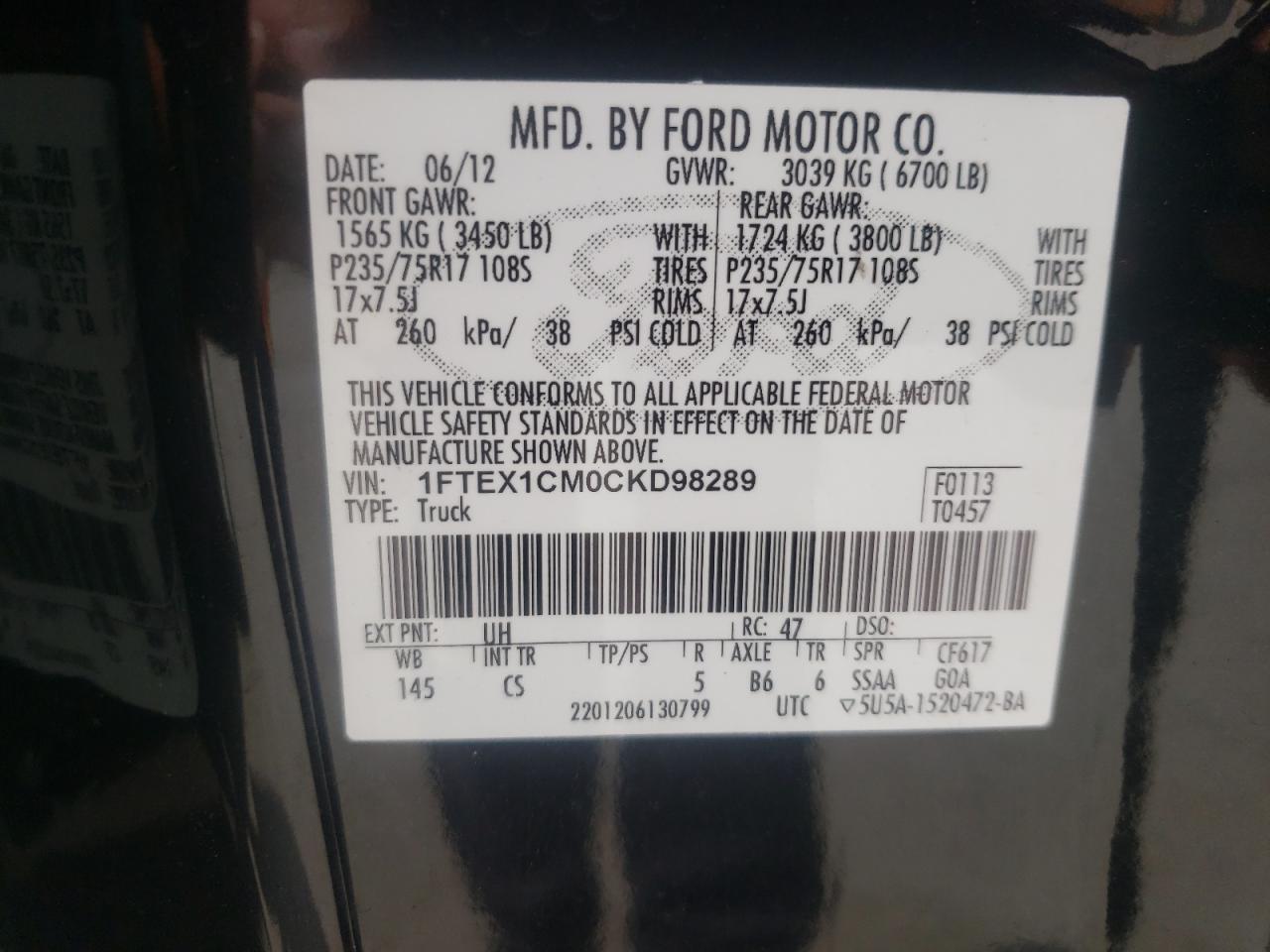 Photo 10 from auction – 2012 FORD F150 SUPER with VIN 1FTEX1CM0CKD98289