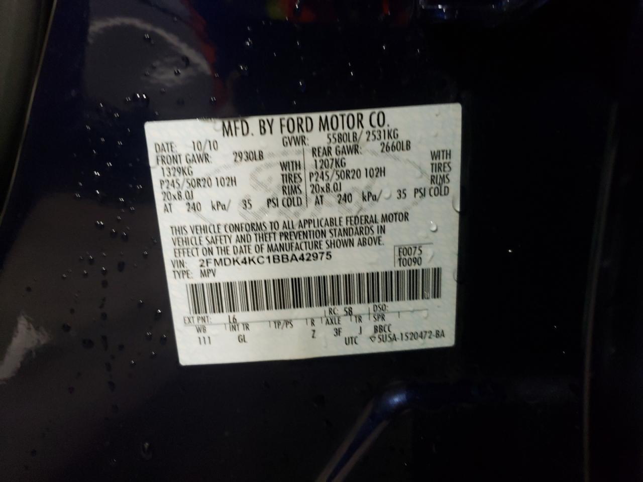 Photo 10 from auction – 2011 FORD EDGE LIMIT with VIN 2FMDK4KC1BBA42975