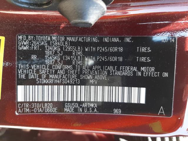 Photo 10 from auction – 2015 TOYOTA HIGHLANDER with VIN 5TDKKRFH4FS049213
