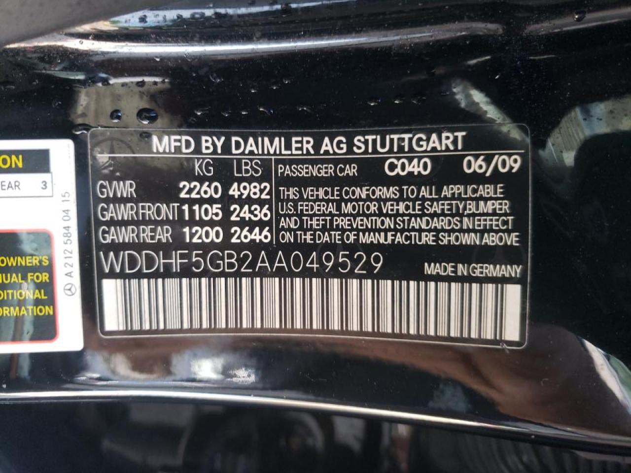 Photo 10 from auction – 2010 MERCEDES-BENZ E 350 with VIN WDDHF5GB2AA049529