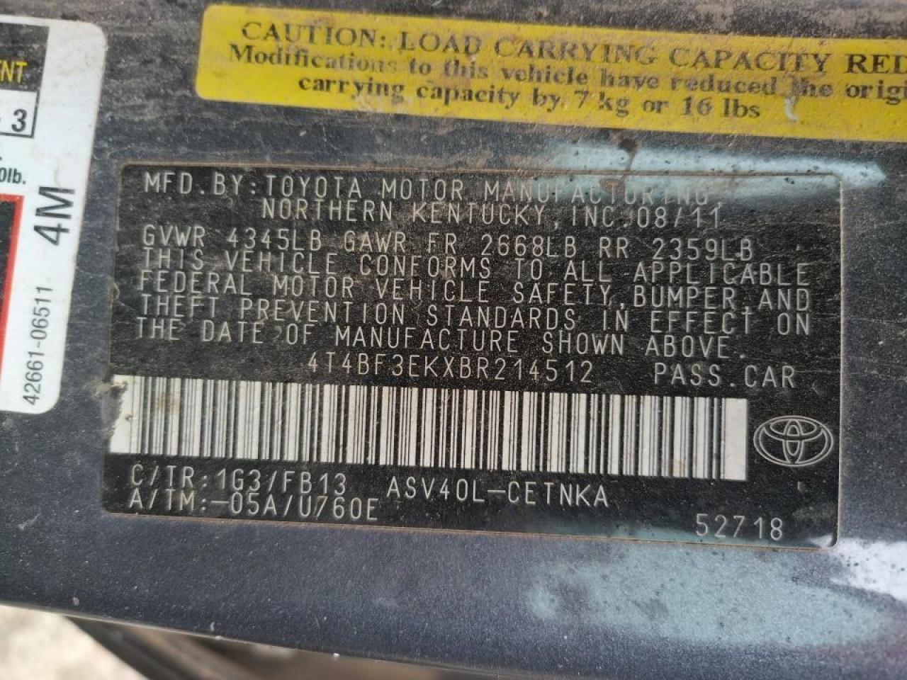 Photo 10 from auction – 2011 TOYOTA CAMRY BASE with VIN 4T4BF3EKXBR214512